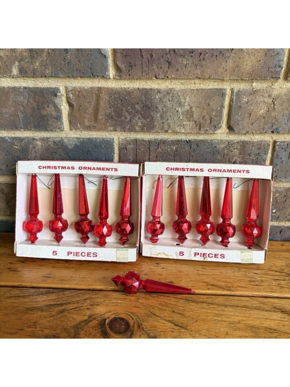2 Boxes of 5 Jewel Brite Red Icicle Faceted Prism  Christmas Ornaments Vintage